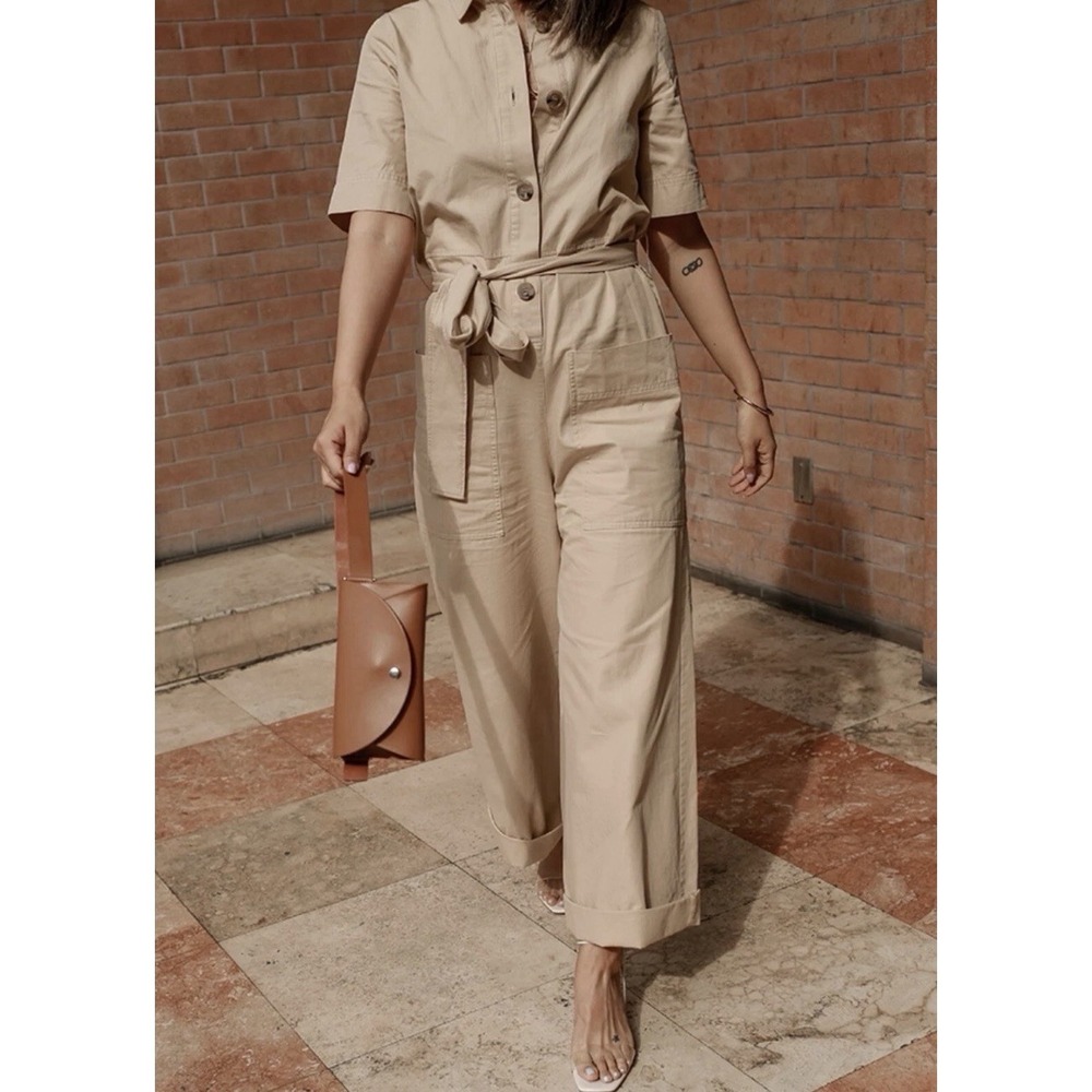 COS Belted Button Up Wide Leg Camel Utility Safari Jumpsuit Romper Size 4